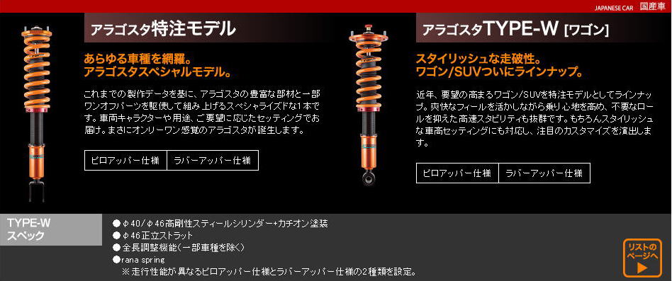 セットアップ  アラゴスタ 全長調整式車高調 タイプSS