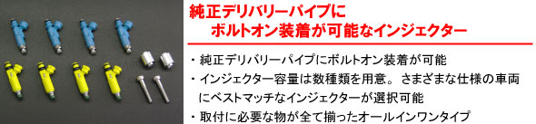 【純正デリバリーパイプにボトルオン装着が可能なインジェクター】・純正デリバリーパイプにボルトオン装着が可能・インジェクター容量は数種類を用意。さまざまな仕様の車両にベストマッチなインジェクターが選択可能・取材に必要な物が全て揃ったオールインワンタイプ